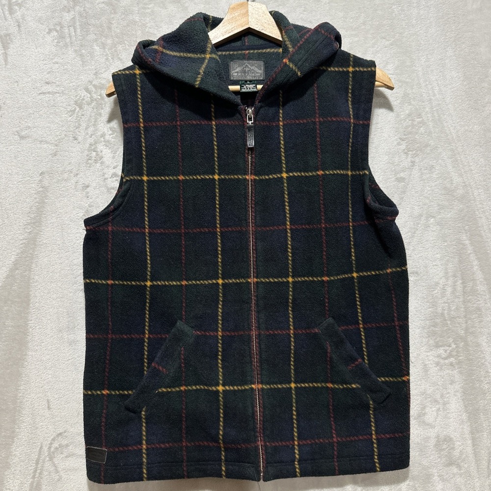 Ralph Lauren Tartan Plaid Fleece Hooded Vest Women's Size L Full Zip Pockets